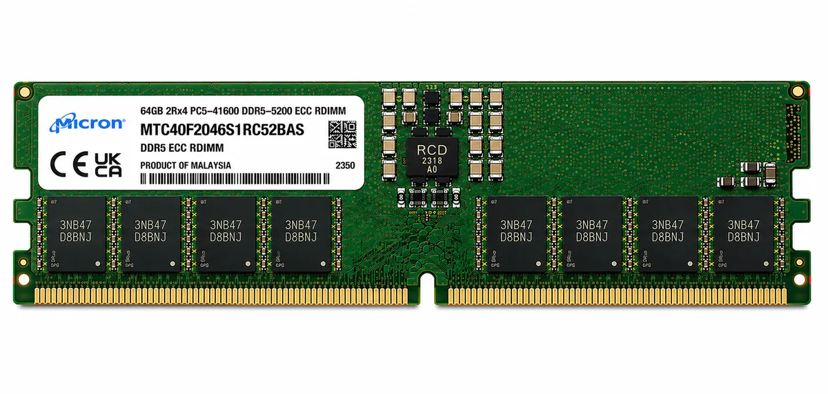 Micron MTC40F2046S1RC52BAS 64GB DDR5-5200 ECC RDIMM Server Memory